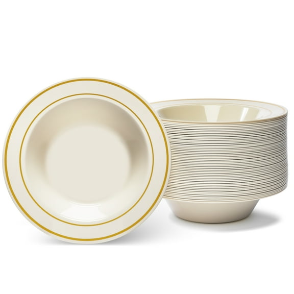 Gold Rimmed Ivory Bowls -12 ounce - 50 Count - Hard Plastic - Disposable or Reusable - Dessert Bowls - Salad Bowls- Cereal Bowls - Pasta Bowls - Ideal for Weddings, Parties, Gatherings & More!
