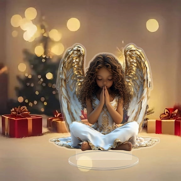 Gold Rimmed Praying Angel Ornament, Acrylic Winged Angela Tabletop Decor, Religious Spiritual Desktop Figure, Memorial Sympathy Gift, 7.8 inch Acrylic Angel Figurine for Shelf Mantel Nightstand