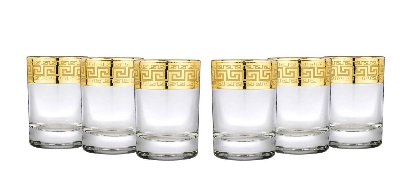 Gold Rimmed Shot Glass Set Greek Key Pattern - No Lead Contemporary  Drinkware 6-piece Set (Shot Rnd.)
