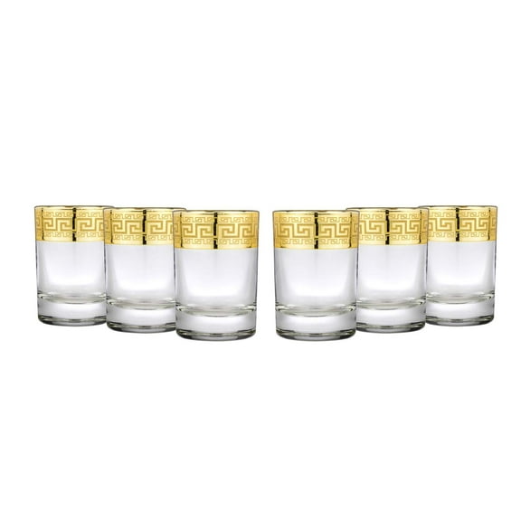 Gold Rimmed Shot Glass Set Greek Key Pattern - No Lead Contemporary Drinkware 6-piece Set (Shot Rnd.)