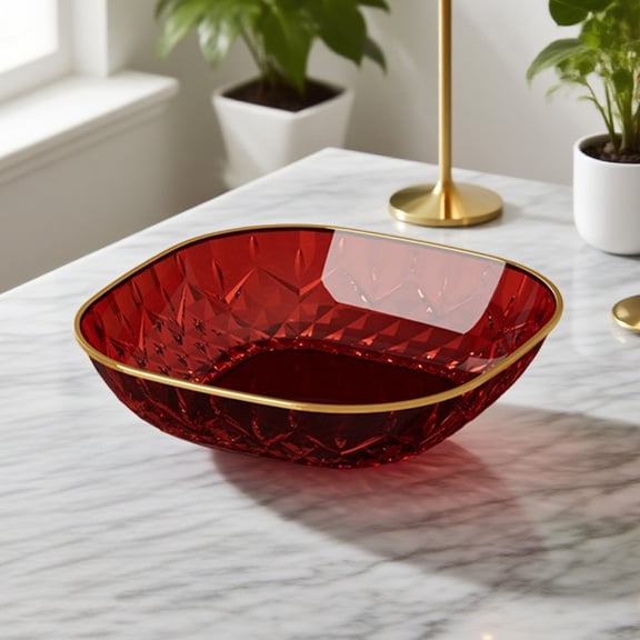 Gold-Rimmed Square Serving Plates Set - Food Grade PET Snack Dishes Luxury Dessert Platters Candy Nut Bowls Stackable Partyware(Red)