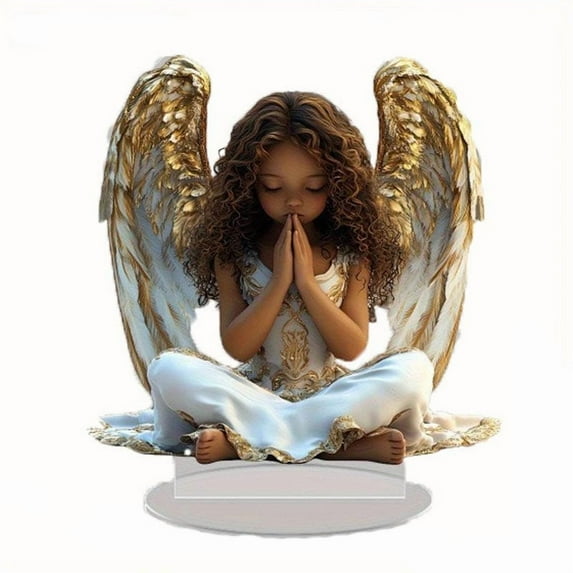 Gold Rimmed Winged Praying Angela Acrylic Tabletop Ornament, Elegant Spiritual Home Desktop Decoration with Protective Base Pads for Shelves and Mantels
