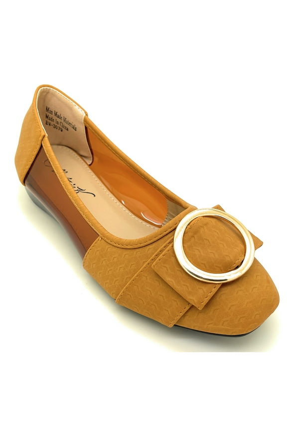 Women’s Dress Flats with Gold Buckle Accent – Square Toe Slip-On Shoes – Stylish Low Heel Comfortable Casual or Office Flats for Work, Travel, and Everyday Wear