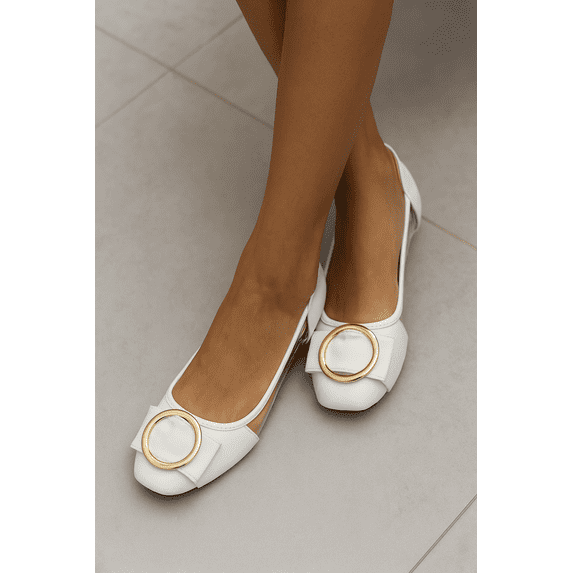 Women’s Dress Flats with Gold Buckle Accent – Square Toe Slip-On Shoes – Stylish Low Heel Comfortable Casual or Office Flats for Work, Travel, and Everyday Wear