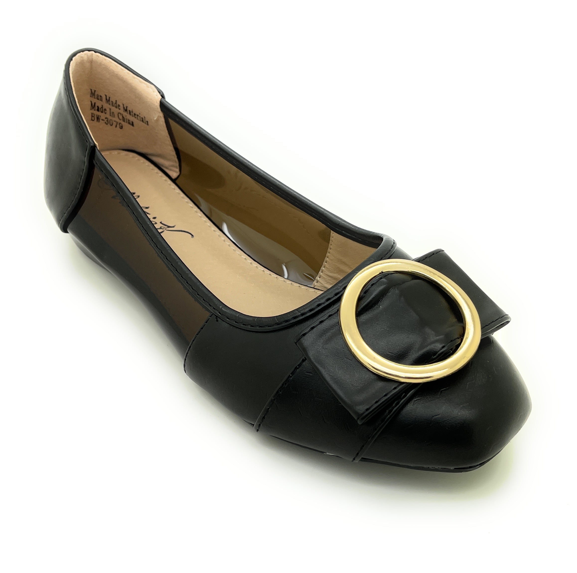Women’s Dress Flats with Gold Buckle Accent – Square Toe Slip-On Shoes – Stylish Low Heel Comfortable Casual or Office Flats for Work, Travel, and Everyday Wear