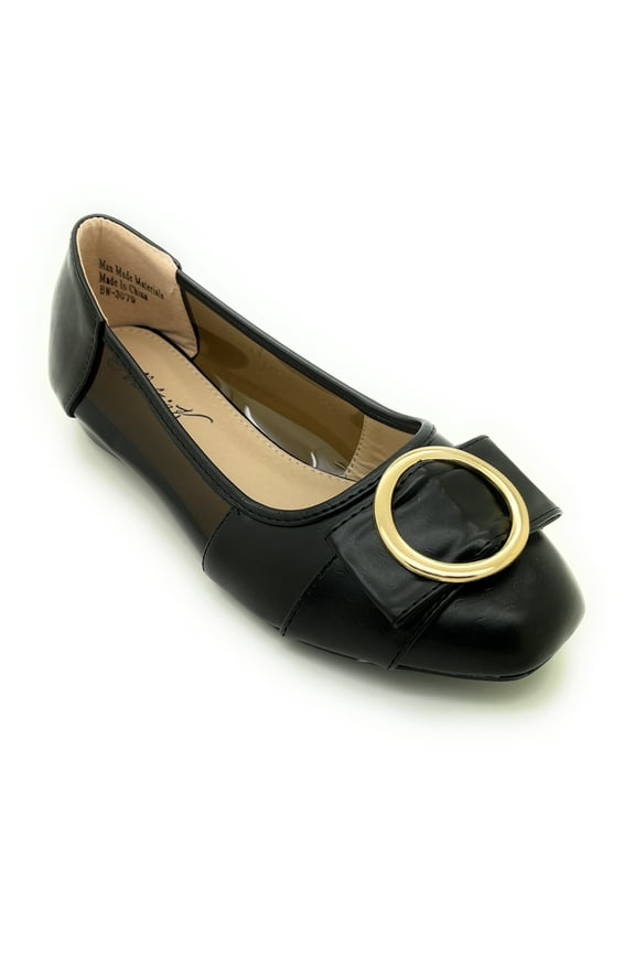 Women’s Dress Flats with Gold Buckle Accent – Square Toe Slip-On Shoes – Stylish Low Heel Comfortable Casual or Office Flats for Work, Travel, and Everyday Wear