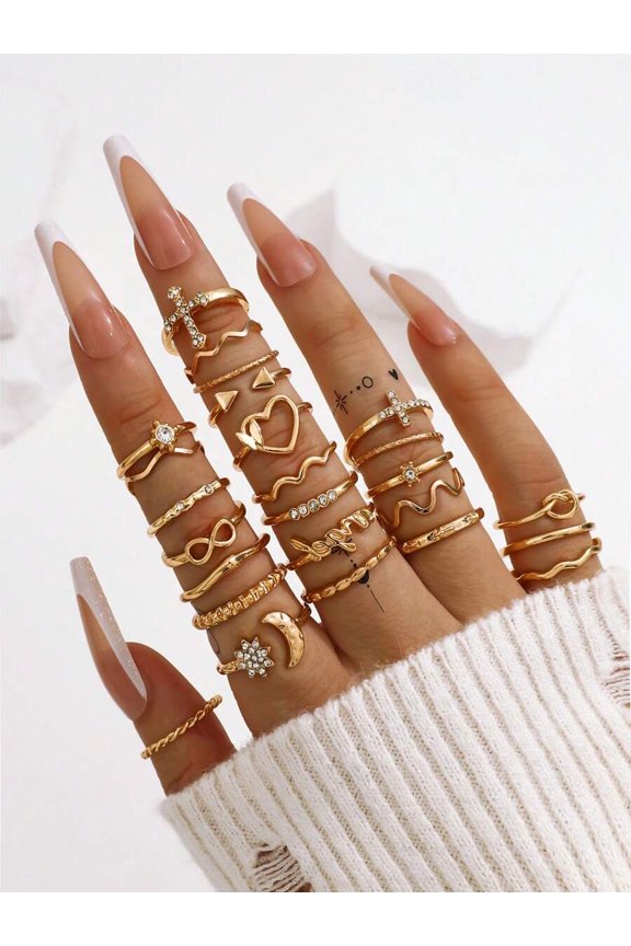 Gold Ring Set With Heart Wavy Infinity Moon Star Rhinestone Designs 5-Piece