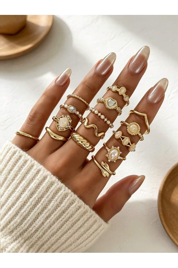 Gold Ring Set With Pearl Opal Rhinestone Wavy Twisted Designs 5-Piece