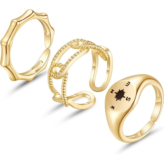 Gold Ring Set for Women, 14K Gold Plated Stackable Open Knuckle Finger Rings Chunky Twisted Signet Band Rings Adjustable Dainty Jewelry Gifts