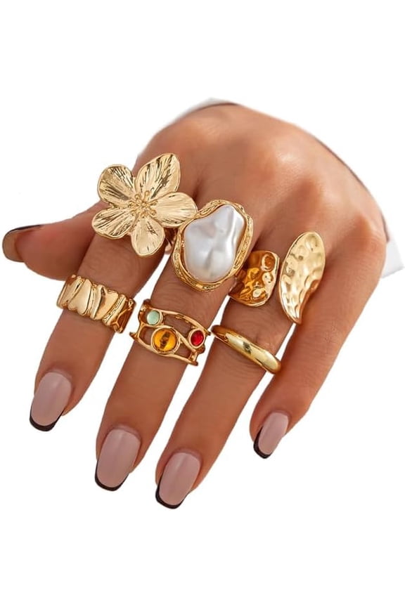 Gold Rings for Women Flower Knuckle Statement Ring Set French Baroque Style Retro Open Metal Rings Fashion Stacking Jewellery for Special Occasions(Gold)