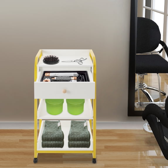 Gold Rolling Salon Storage Cart with Drawer and Shelves, 55LBS Capacity Barber Trolley on Wheels with 2 Brakes, Multi-Tier Hairdressing Organizer for Beauty Supplies Tools Home Salon