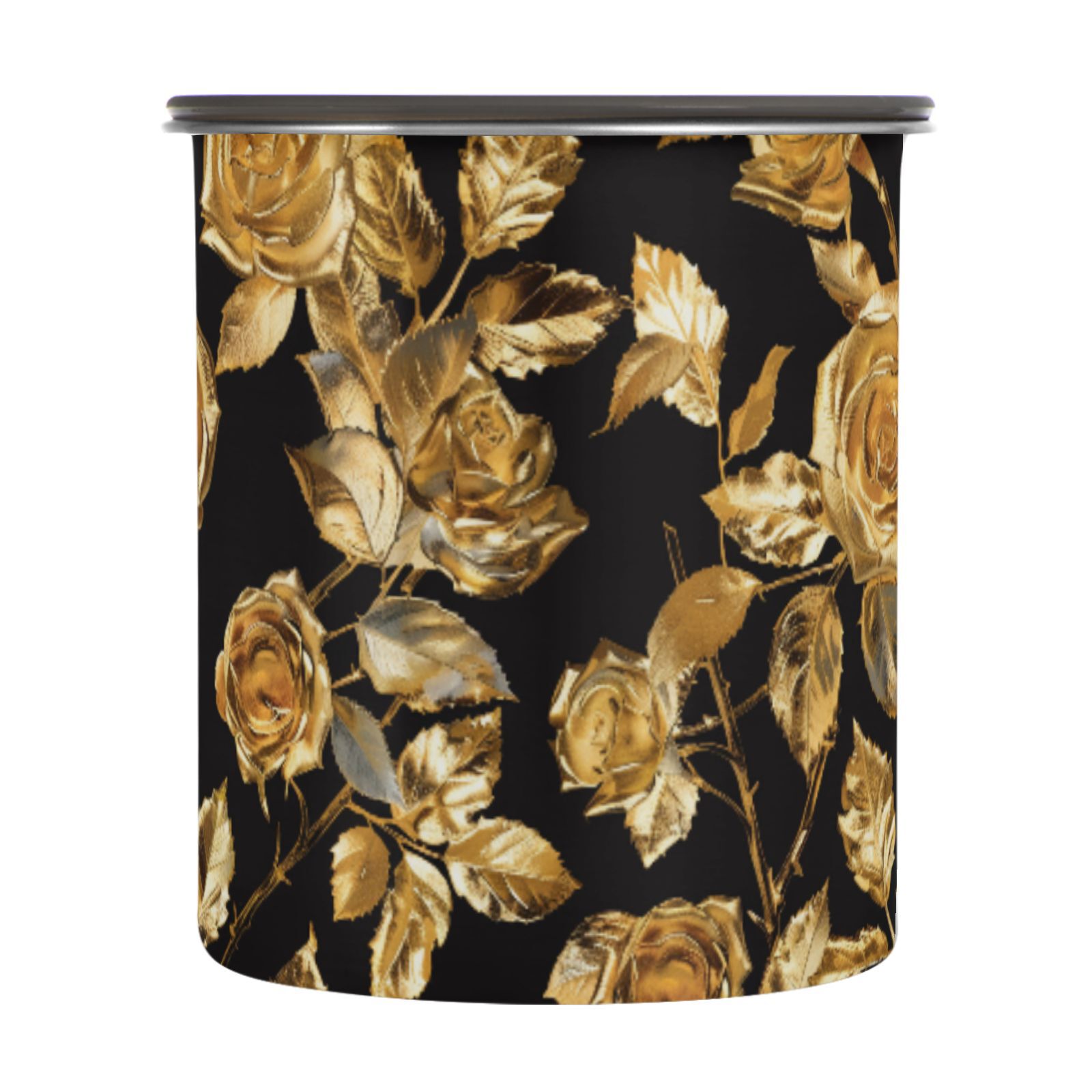 Gold Rose Flowers Airtight Coffee Bean Canister 30oz Food Storage Containers with Lids For Gournd, Tea, Sugar, Flour, Rice, Cereal, Candy Cookie Jar
