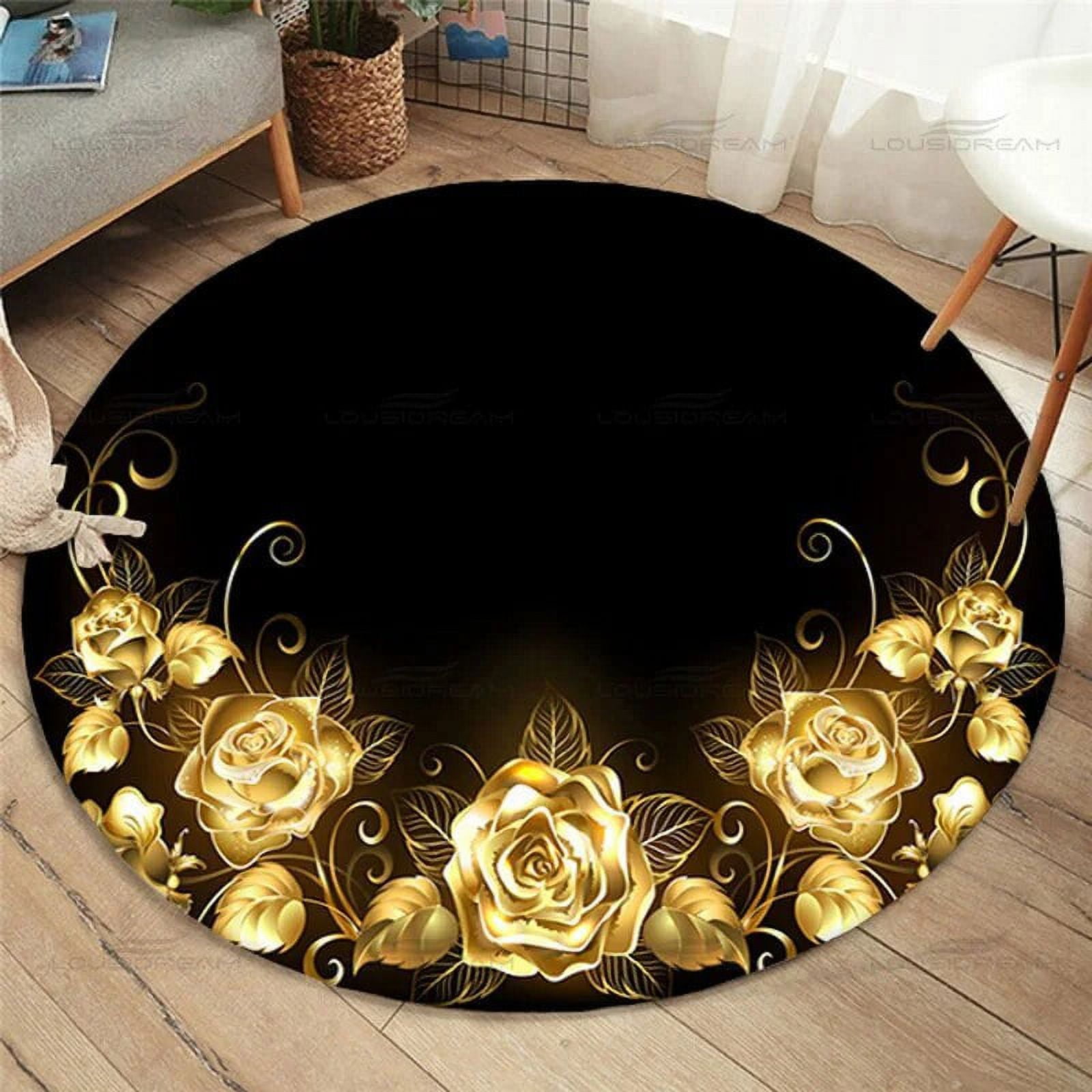 Gold Rose Pattern Round Carpet Home Living Room Bedroom Bathroom Floor