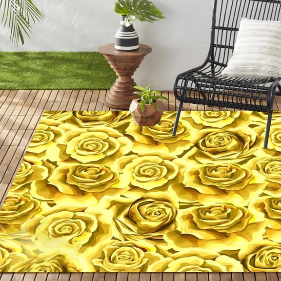 Gold Rose Vintage Flowers Indoor Outdoor Rug For Patio Porch Deck Balcony Waterproof Non Slip Patio Terrace Front Yard Camping Outside Area Rug 3x4ft