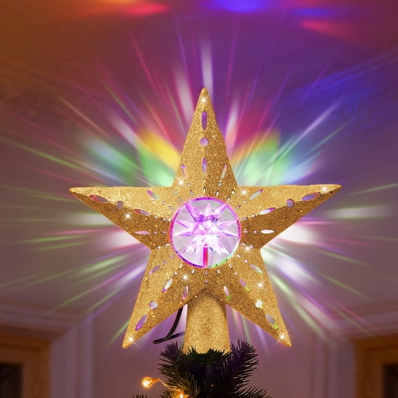 Gold Christmas Tree Topper Star with RGB LED Lights, 360° Rotating Diamond Projection, ABS Plastic Christmas Decoration with Power Cord