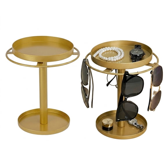 Gold Rotating Eyewear Display Stand — Multifunctional Desktop Organizer for Glasses & Jewelry, with Storage Tray — Ideal for Home Decor & Vanity Tables