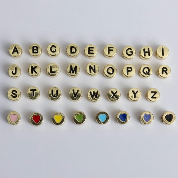 Gold Round Cast Letter Multicolor Heart Beads