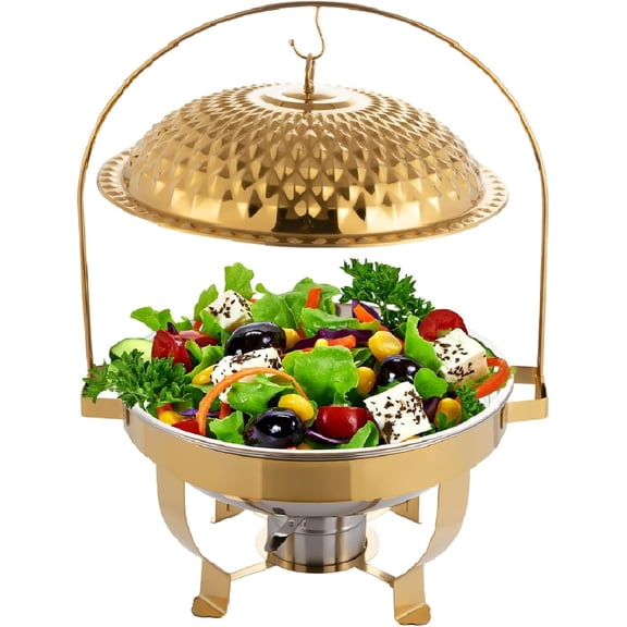 Gold Round Chafing Dishes for Buffet, 6.3Qt/6L Stainless Steel Buffet Chafer, Hanging Lid Dining Stove, Buffet Server and Warmer Set, Countertop Warming Tray for Parties, Dishwasher Safe