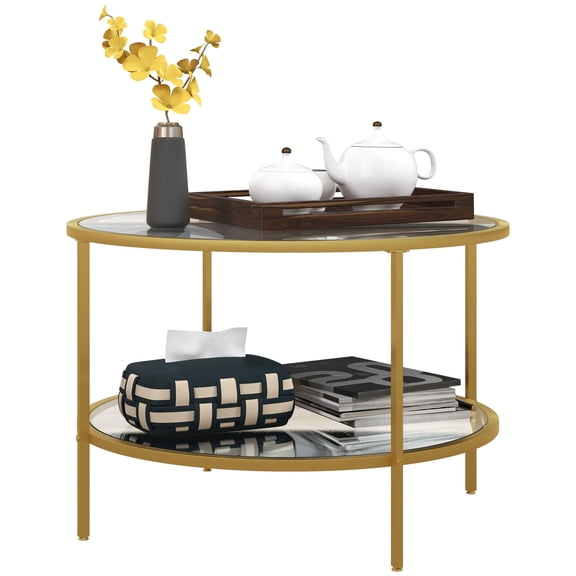 Gold Round End Table with Storage, 26 2-Tier Tempered Glass Coffee Table for Living Room, Small Side Table with Steel Frame