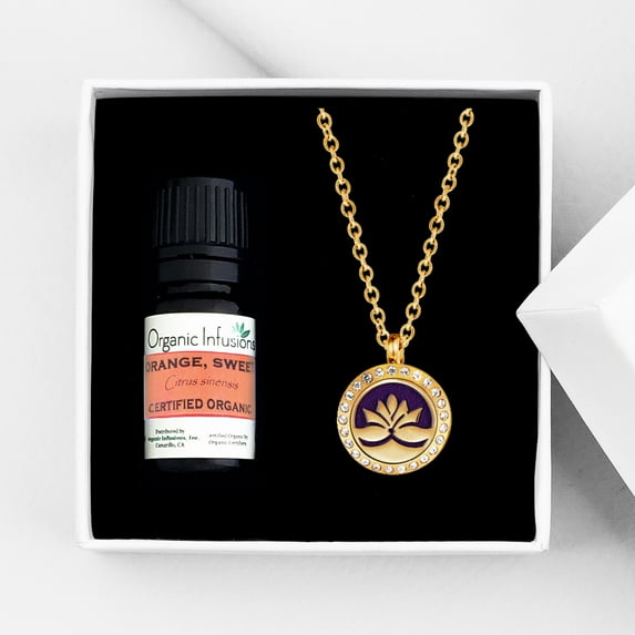 Gold Round Lotus AromtMomapy Mother's Day Gift for Mom - Orange Essential Oil Diffuser Pendant Necklace - Jewelry Gift Set for Mom - Anxiety Relief - Anniversary - 12 Reusable Pads