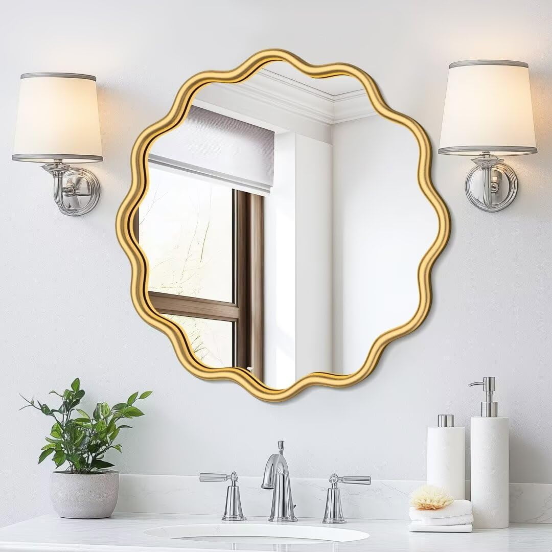 Gold Round Mirror 20 Inch Wavy Bathroom Vanity Mirror Gold Frame Modern ...
