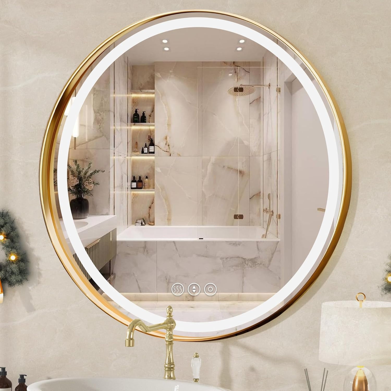Gold Round Mirror 28 Inch, Metal Framed Frontlit Bathroom Mirror ...