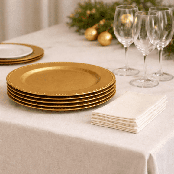 Gold Round Plastic Charger Plates with Beaded Rims, 13 in., 4 ct