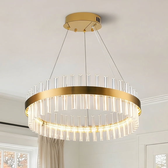Gold Round Ring K9 Crystal Pendant Chandelier, 3 Color Temperature Dimmable Hanging Light, Modern Circular LED Chandelier for Dining Room Kitchen Island Living Room Home Decor