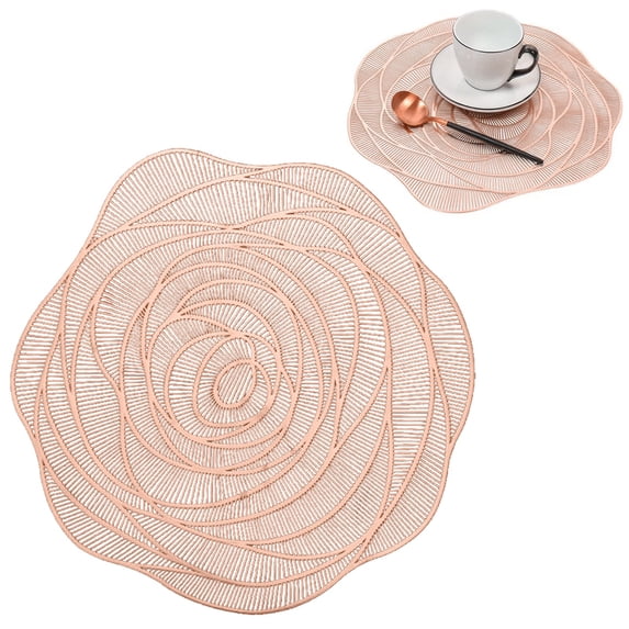 Gold Round Rose Placemats 1Pc Dinning Table Metallic Plastic Vinyl Place Mats Durable Decorative Table Mats for Daily Use Holiday Wedding Party Dinner Tableware,Non Slip Rose Flowers Table Mats 15"