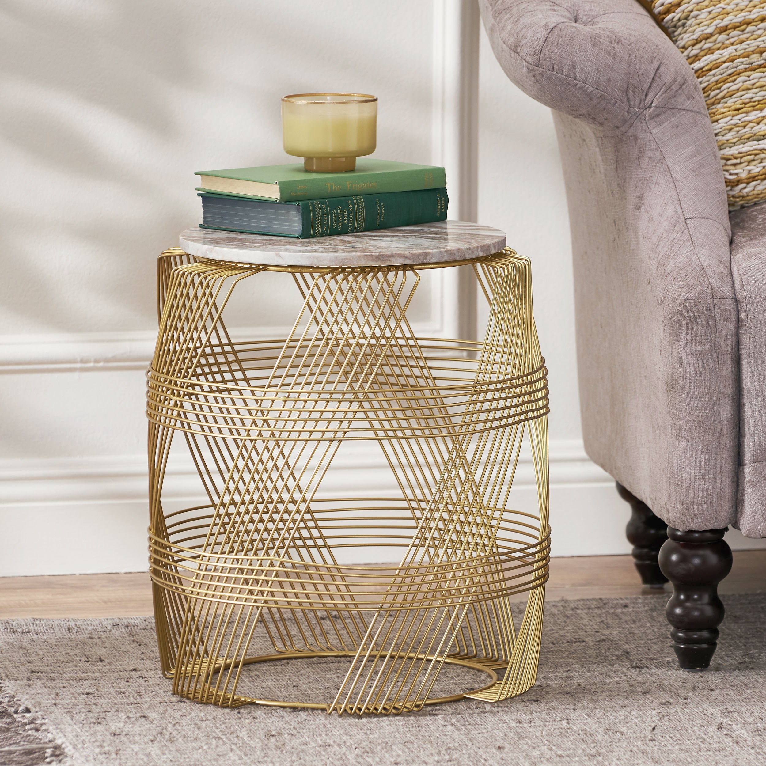Gold Round Side Table with Marble Top - Modern Glam Accent Table for ...