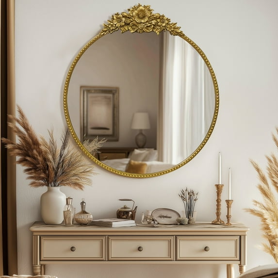 Gold Round Wall Mirror 28" – Vintage Floral Design Accent Mirror for Living Room & Bedroom