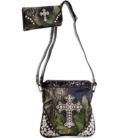 Gold Rush MG21WC106SET-GN - CAM Rhinestone Cross Embroidery Messenger Bag with Matching Wallet - Green & Cam
