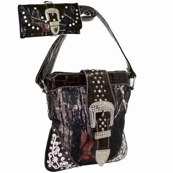 Gold Rush MG22WB109SET-CAM Women Bling Rhinestone Buckle Messenger Bag Wallet Set with Brown Croc Trim - Cam