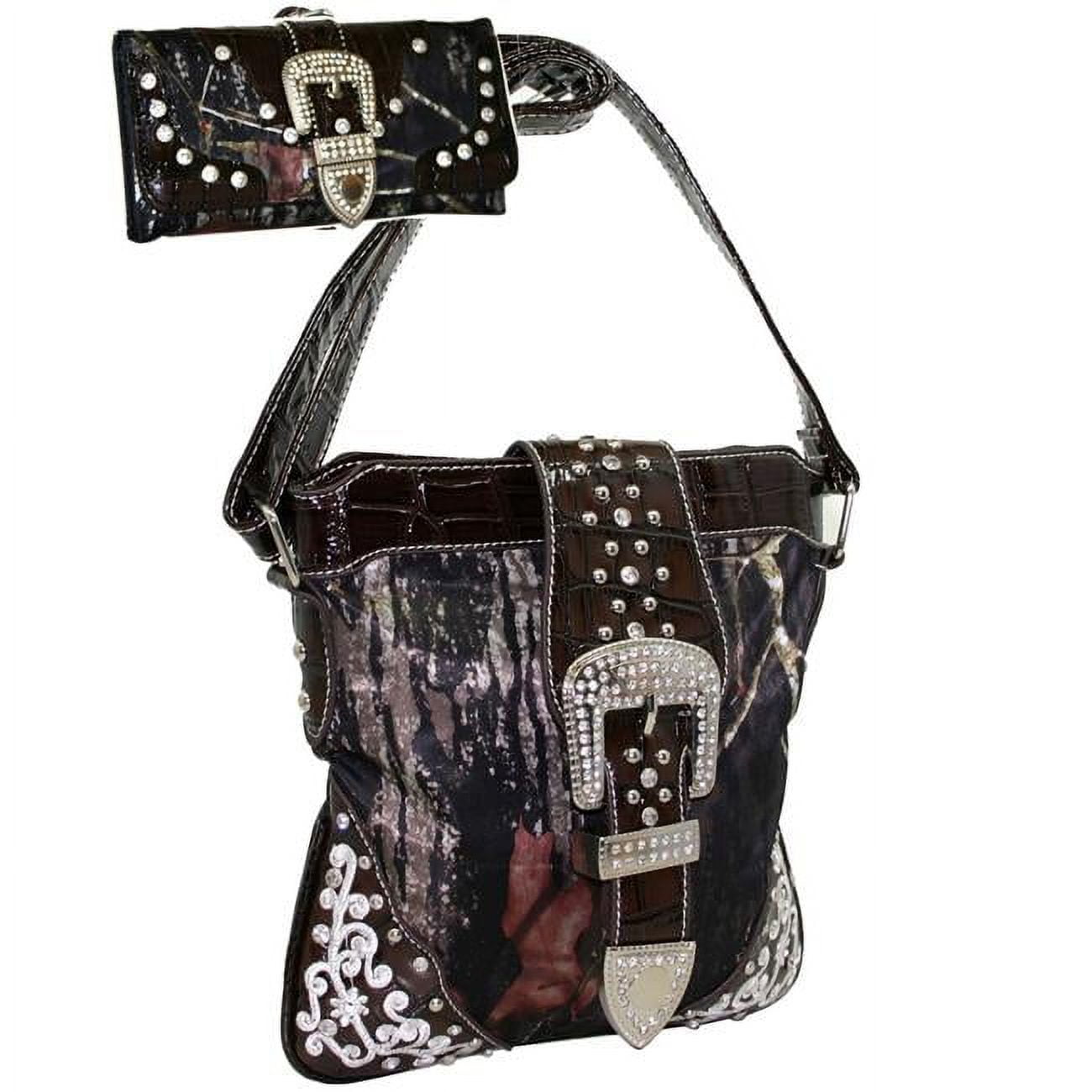 Gold Rush MG22WB109SET CAM Women Bling Rhinestone Buckle Messenger Bag Wallet Set with Brown Croc Trim Cam