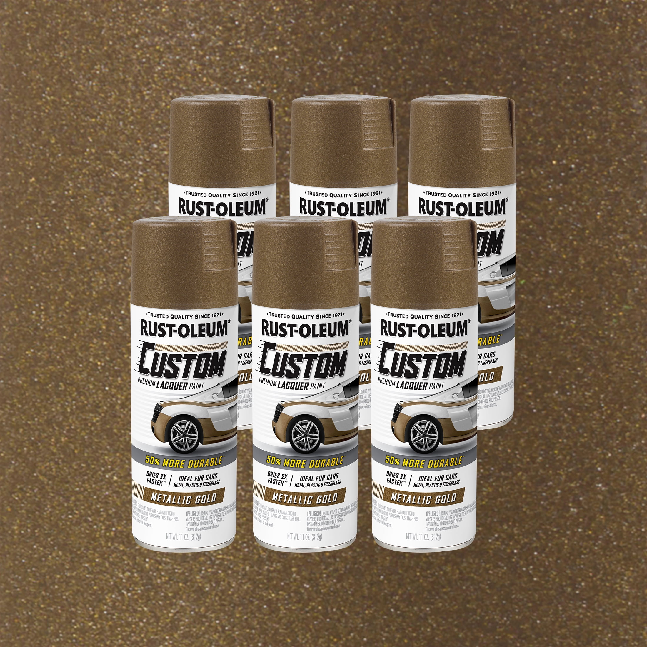 6 Pack, Gold, Rust-Oleum Custom Automotive Metallic Lacquer Spray Paint-323352, 11 oz