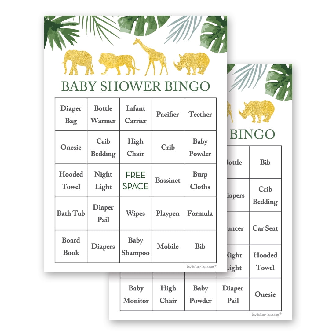 Gold Safari Baby Shower Bingo Cards - Prefilled - Set of 24
