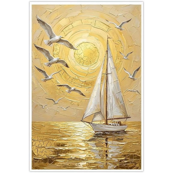 Gold Sailboat Canvas Wall Art Modern Abstract Sea Ocean Sun Posters with Seagulls Nautical Wall Decor Textured Artwork for Living Room Bedroom Office Home