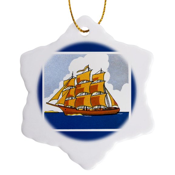 3drose, Gold Sailing Ship in Blue Frame Artwork, 3 inch Snowflake Porcelain Ornament