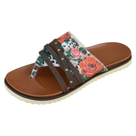 Gold Sandals for Women Large Size Flat Flower Flip Flops Women's Outer Wear Printed Beach Sandals Lady Sandals Women Slippers Red 41