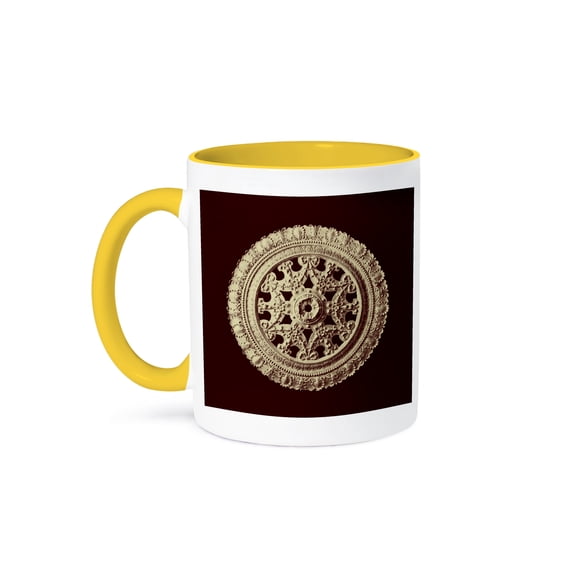 Gold Sands Ornate Vintage Architectural Element On Dark Chocolate Background, 11oz Two-Tone Yellow Mug
