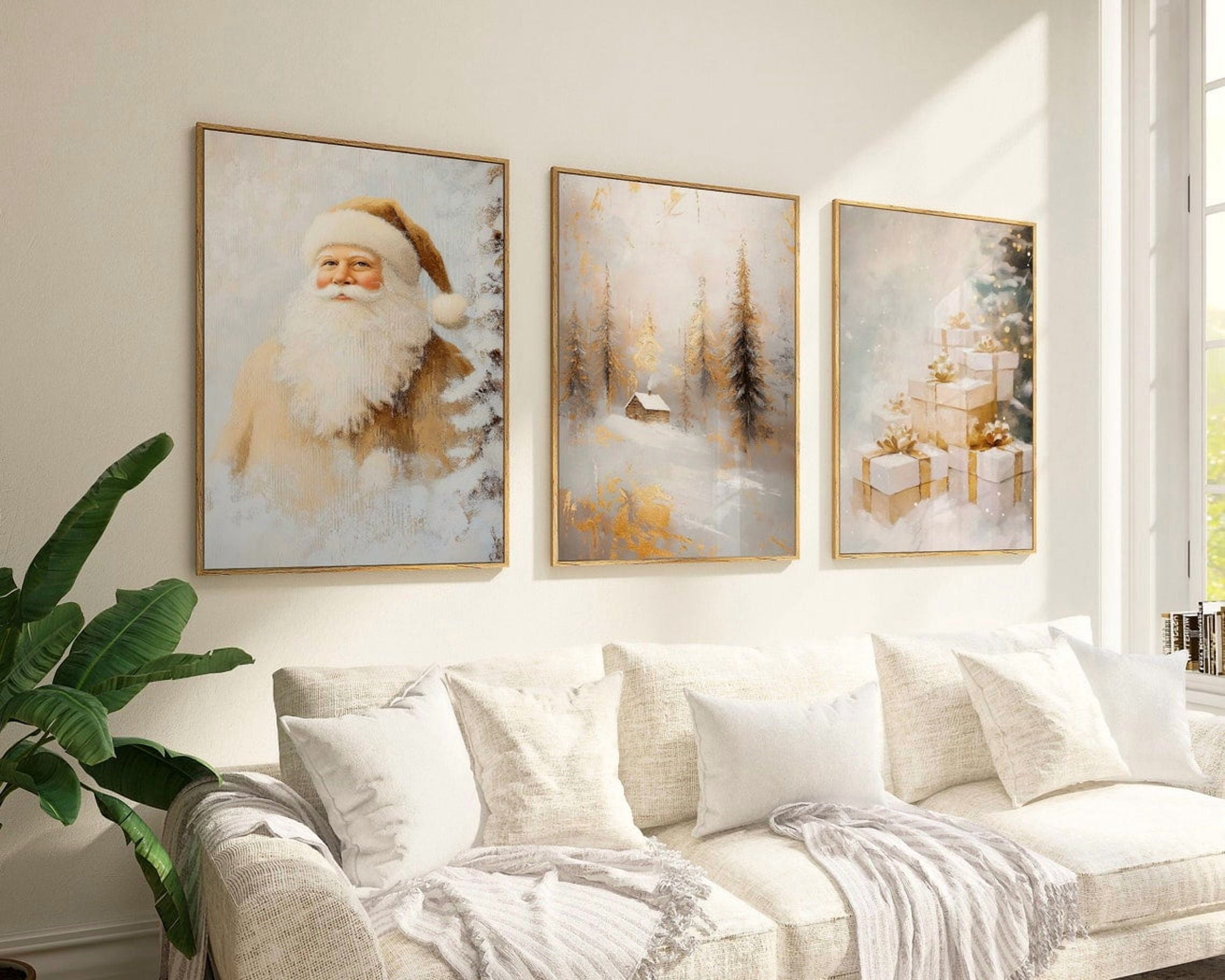 Tree Of Gold Gold Santa Christmas Wall Art Set Of 3, Gold Tree And Winter Holiday ...