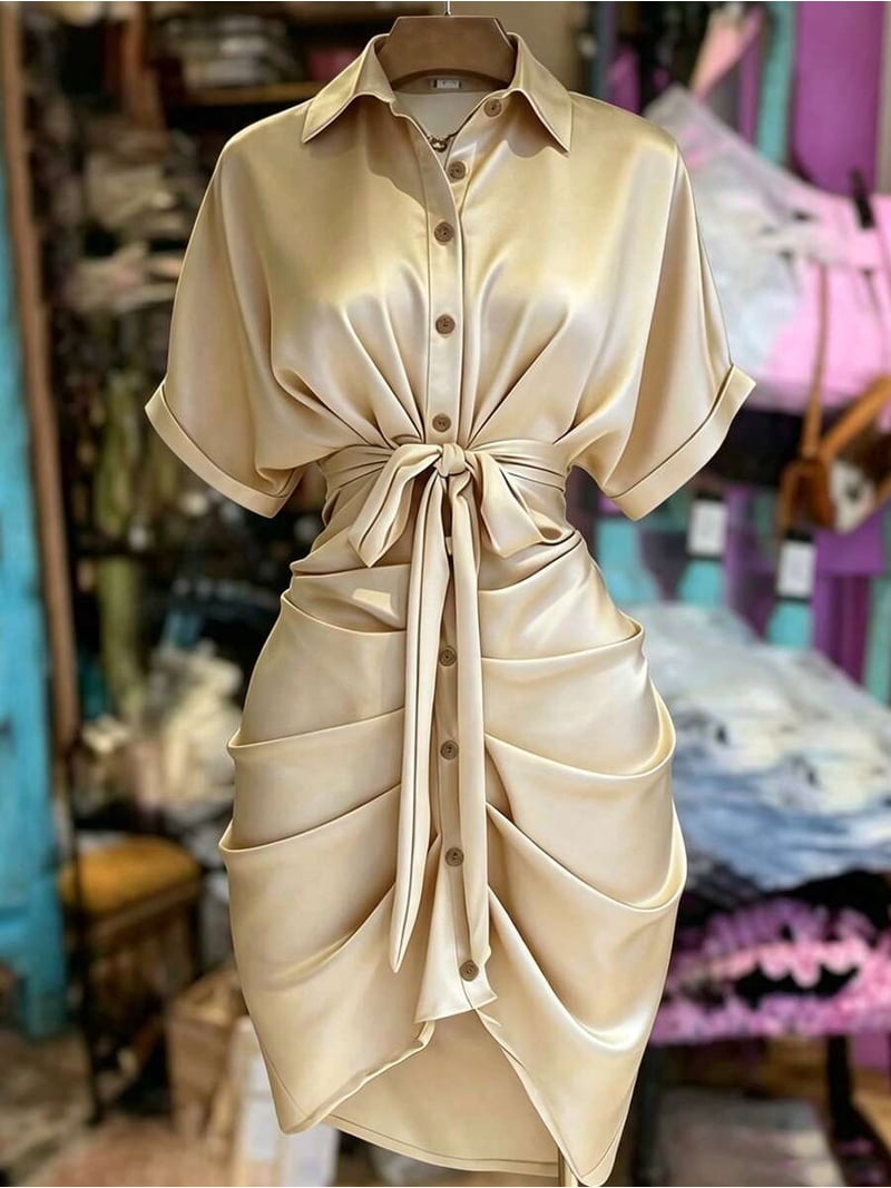 Gold Satin Collared Single-Breasted Tie-Waist Short Sleeve Shirt Dress