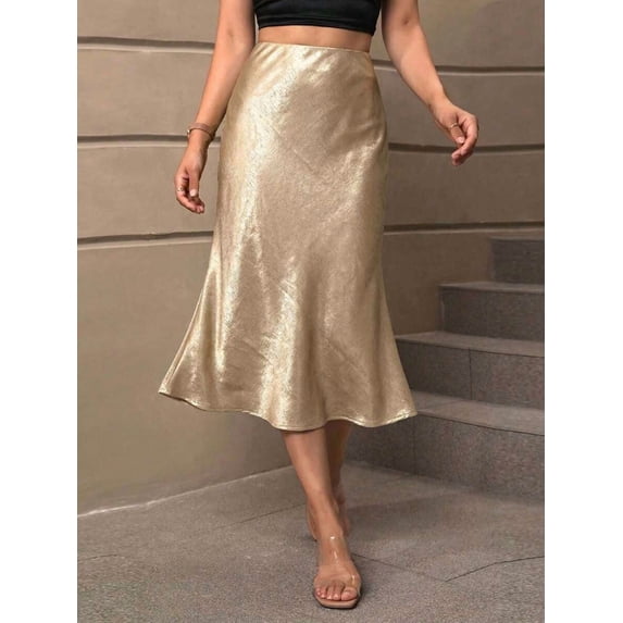 Gold Satin High-Waist Flowing Midi Slip Skirt Sheath Style