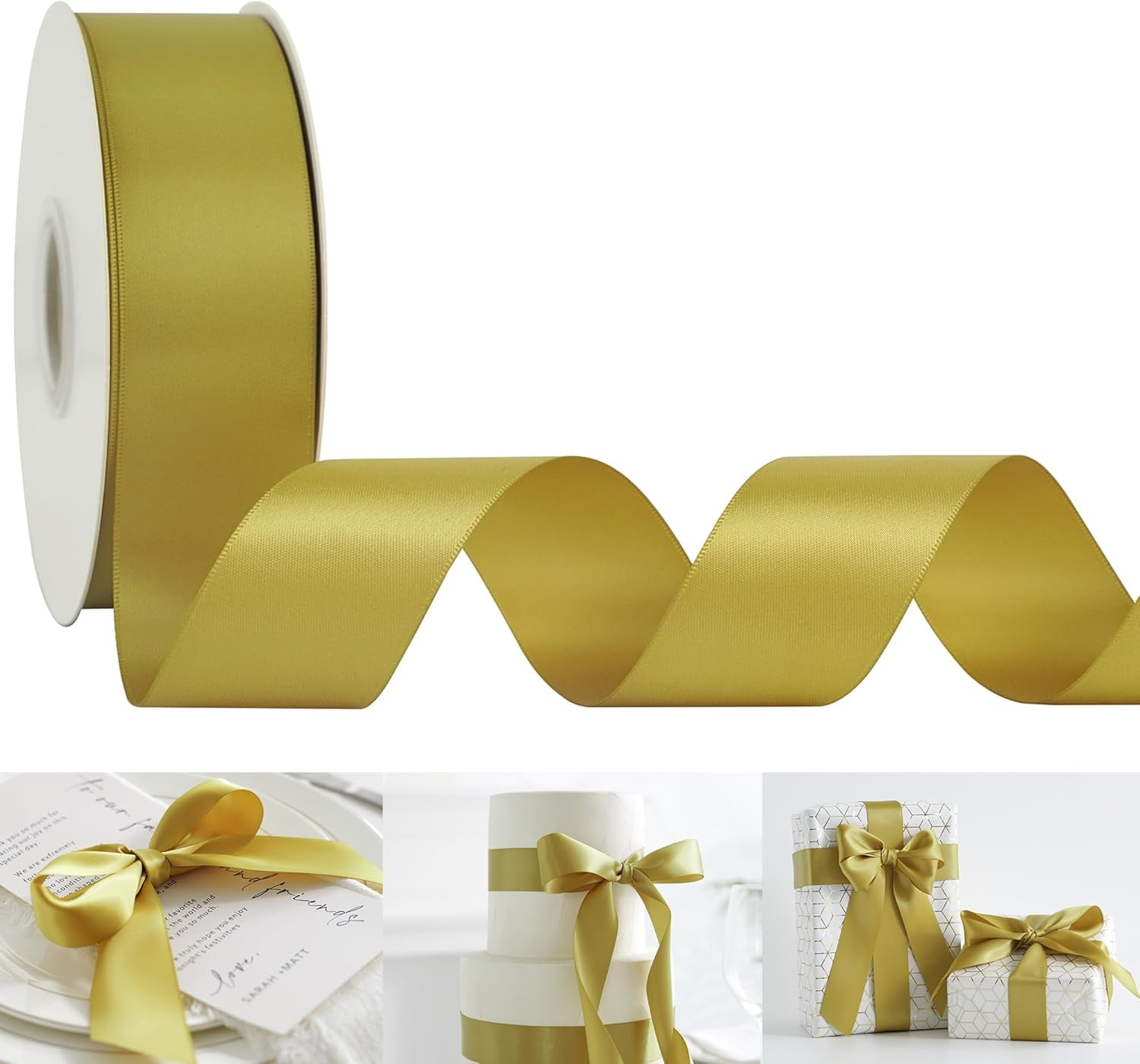 Gold Satin Ribbon 1-1/2 inch x 50 Yards Dijon Gold Double-Faced Satin Ribbon for Gift Wrapping, Bows, Flower Bouquet, Crafts, Bridal Shower Wedding Decor, Christmas Tree