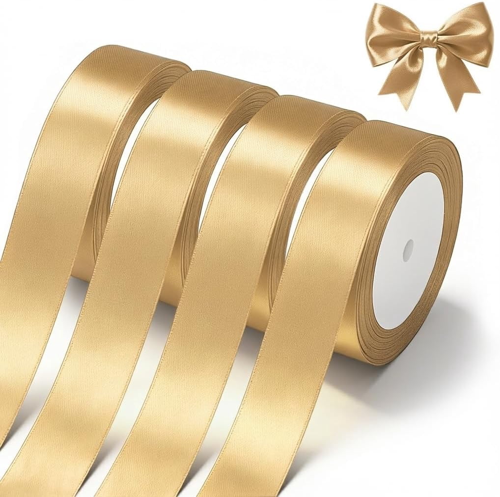 Gold Satin Ribbon 4 Rolls x 1 Inch Gold Wide Satin Fabric Ribbon for Gift Packaging, Christmas, Wedding, Flower Bouquet, Holiday Party, Invitation