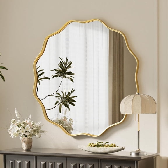 Gold Scalloped Circle Mirror, 24" Wavy Edge Round Wall Mirror with Tempered Glass Textured Circular Metal Deep Frame, Hanging Leaning for Bathroom, Hallway, Entryway, Livng Room