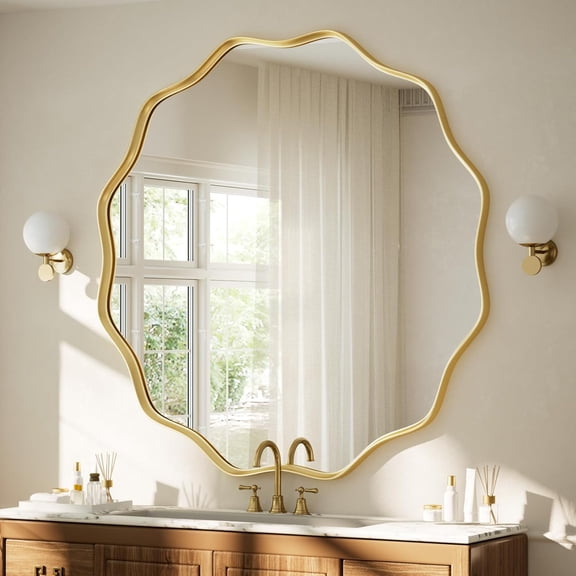 Gold Scalloped Large Circle Mirror, 42" Wavy Edge Round Wall Mirror with Tempered Glass Textured Circular Metal Deep Frame, Hanging Leaning for Bathroom, Hallway, Entryway, Livng Room