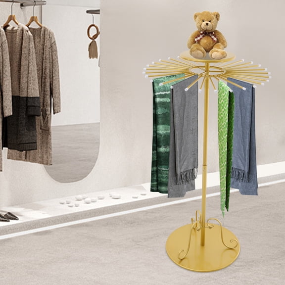 Gold Scarf Display Stand with 30 Rods, Adjustable Height, 360 Swivel, Sturdy Carbon Steel, Luxury Showcase for Scarves, Shawls, and Accessories