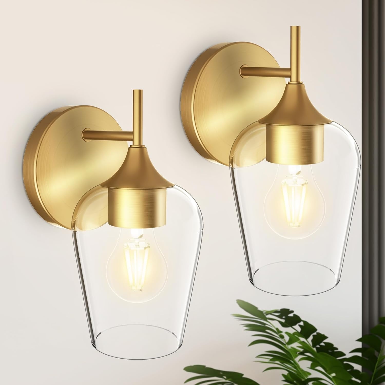 Gold Sconces Wall Lighting Set of 2, Bathroom Wall Lighting Fixtures Brass, Modern and Vintage Wall Lights with Clear Champagne Glass Shade for Bedroom,Fireplace,Hallway,Kitchen
