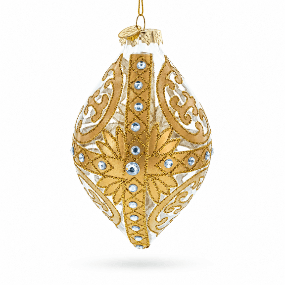 Gold Scroll with Jewel Accents Rhombus Finial Glass Christmas Ornament